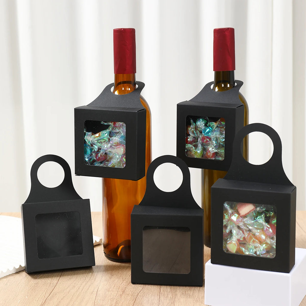 10pcs Kraft Paper Red Wine Gift Box Window Hanging Candy Box Biscuit Packaging Box Black White Card Folding Packaging Candy Gift