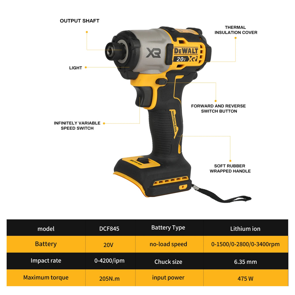 DEWALT 3400RPM DCF845 Brushless Cordless Impact Driver 20V Electric Screwdriver Compact Industrial DIY Repair Power Tools