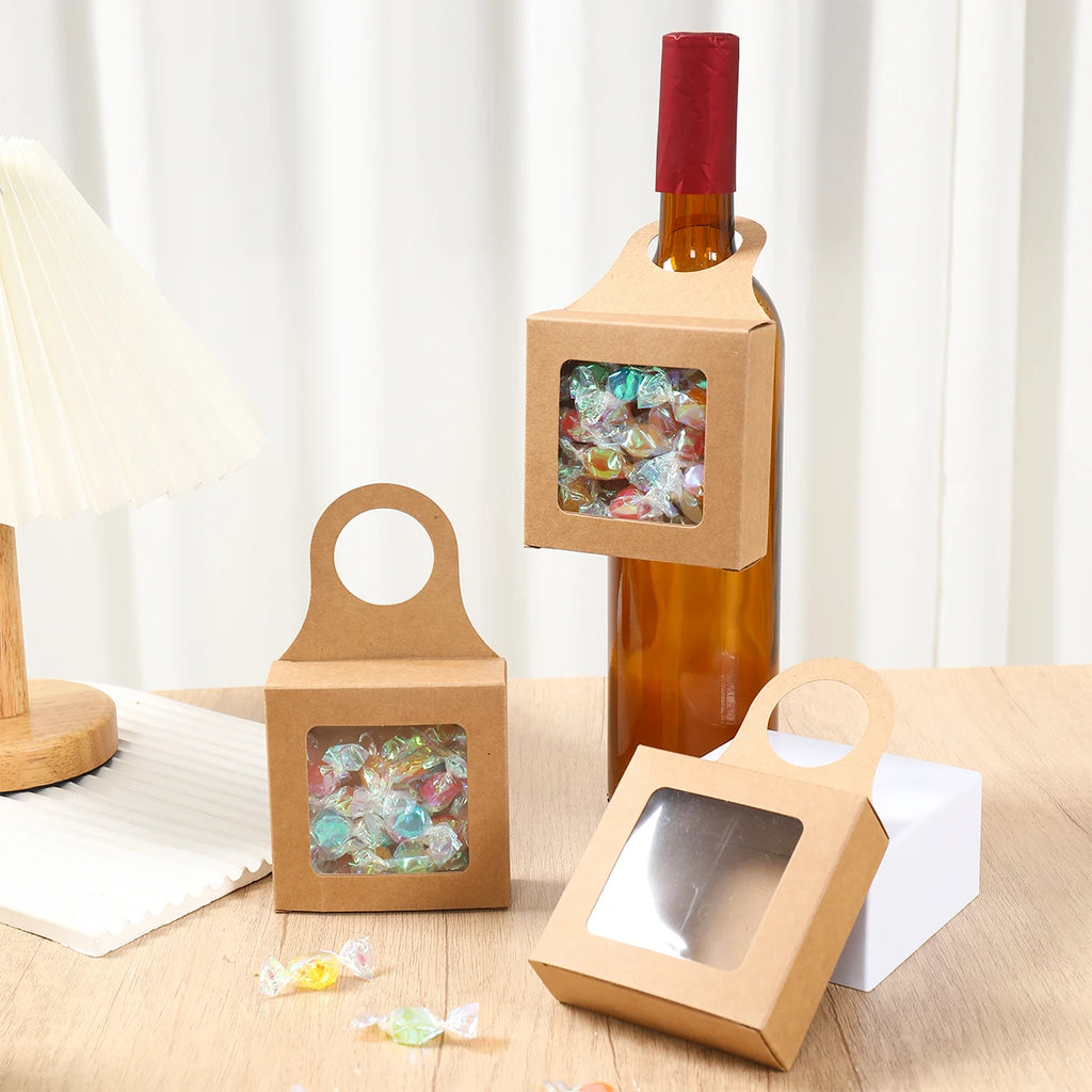 10pcs Kraft Paper Red Wine Gift Box Window Hanging Candy Box Biscuit Packaging Box Black White Card Folding Packaging Candy Gift