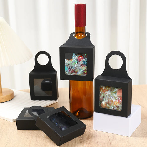 10pcs Kraft Paper Red Wine Gift Box Window Hanging Candy Box Biscuit Packaging Box Black White Card Folding Packaging Candy Gift