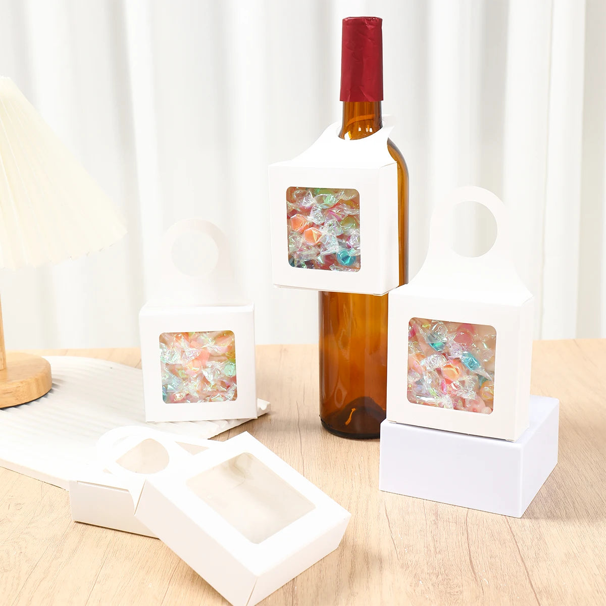 10pcs Kraft Paper Red Wine Gift Box Window Hanging Candy Box Biscuit Packaging Box Black White Card Folding Packaging Candy Gift